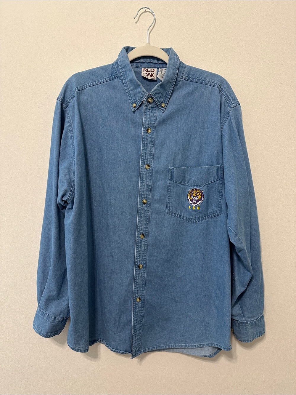 Vintage Men's Light Blue Denim Button-Down Shirt with Vintage LSU Emboirdered